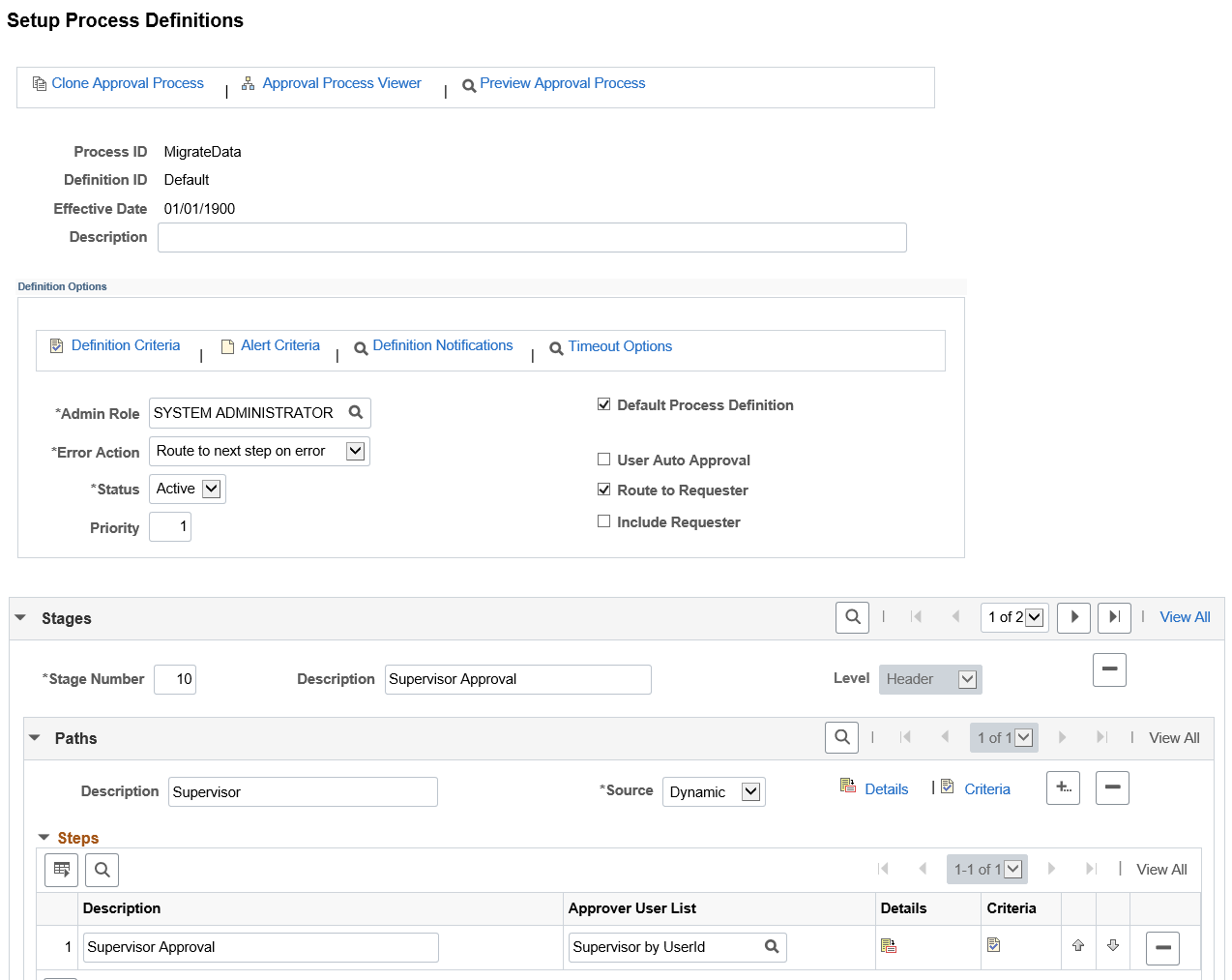 Set Up Process Definition page