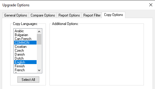 Upgrade Options dialog box: Copy Options tab