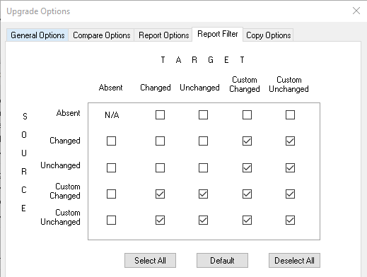 Upgrade Options dialog box: Report Filter tab