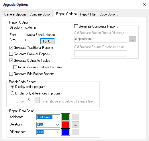 Upgrade Options dialog box: Report Options tab