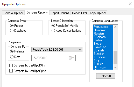 Upgrade Options dialog box: Compare Options tab