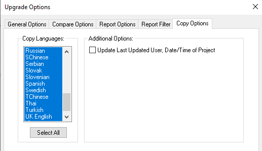 Copy From File Upgrade Options: Copy Options tab