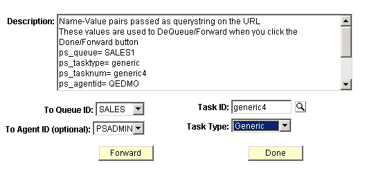 A Generic Event window having the following editable fields - Description, To Queue ID, Task ID, To Agent ID (Optional) and the Task Type