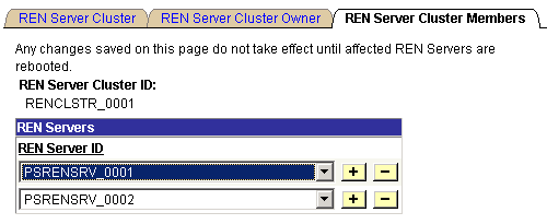 The REN Server Cluster Members page showing the REN server cluster ID and having the REN Server ID editable field.