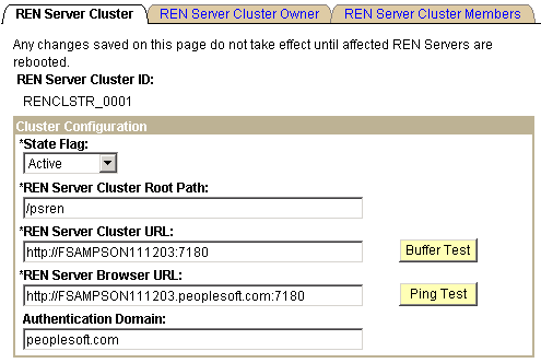 The REN Server Cluster page showing the REN server cluster ID and having the following editable options: State Flag, REN Server Cluster Root Path, REN Server Cluster URL, REN Server Browser URL, and the Authentication Domain