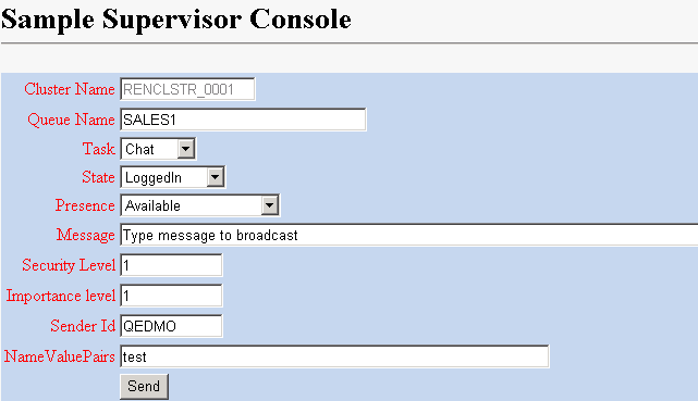 The MCF Supervisor Console displaying the Cluster Name and having the following editable fields - Queue Name, Task, State, Presence, Message, Security Level, Importance Level, Sender ID, and Name Value Pairs.