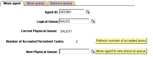 The Move agent page, which displays the Current Physical Queue and the Number of Accepted Persistent Tasks, has the editable fields Agent ID, Logical Queue, Current Physical Queue, and New Physical Queue