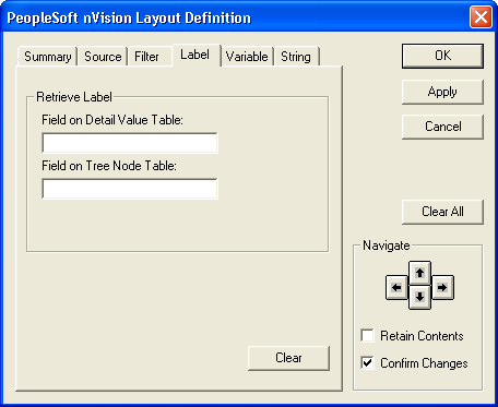 PeopleSoft nVision Layout Definition dialog box: Label tab