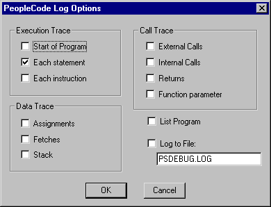 PeopleCode Log Options dialog box