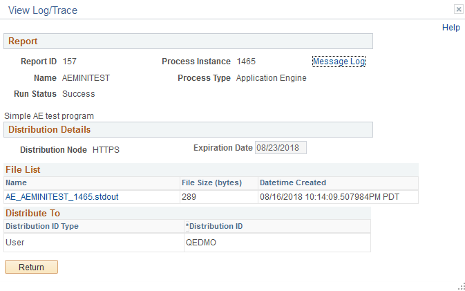 View Log and Trace link