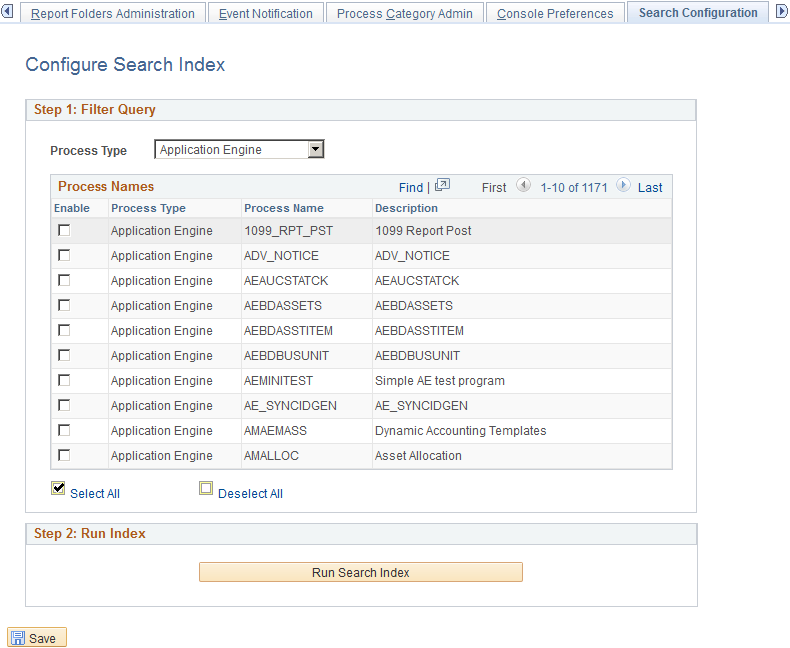 Configure Search Index page