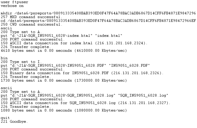 Example of transfer log using the FTP command