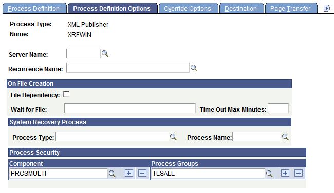 Process Definition Options page
