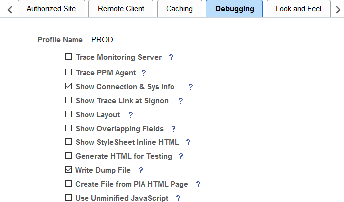 Web Profile Configuration - Debugging page