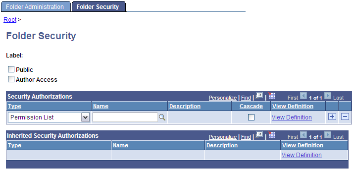 Folder Administration - Folder Security page