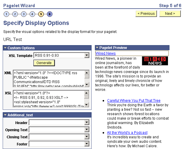 Specify Display Options page - RSS