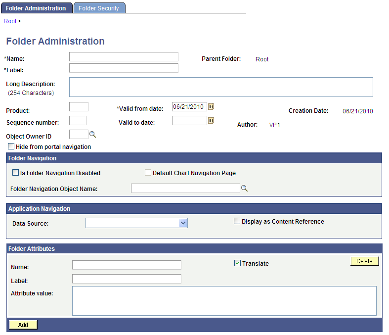 Folder Administration - Folder Administration page