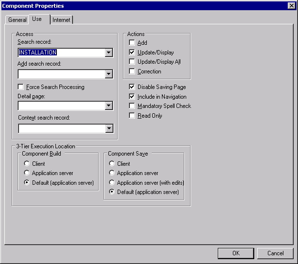 Component Properties dialog box: Use tab settings for a component used as a component-based template pagelet