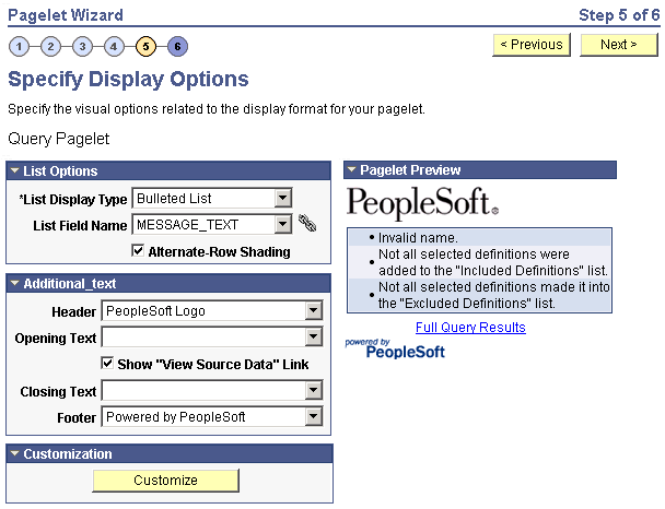 Specify Display Options page - Bulleted list