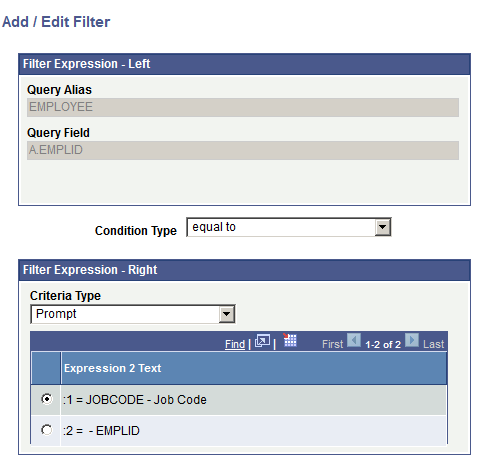 Add / Edit Filter page - value in the Criteria Type drop-down list is set to Prompt