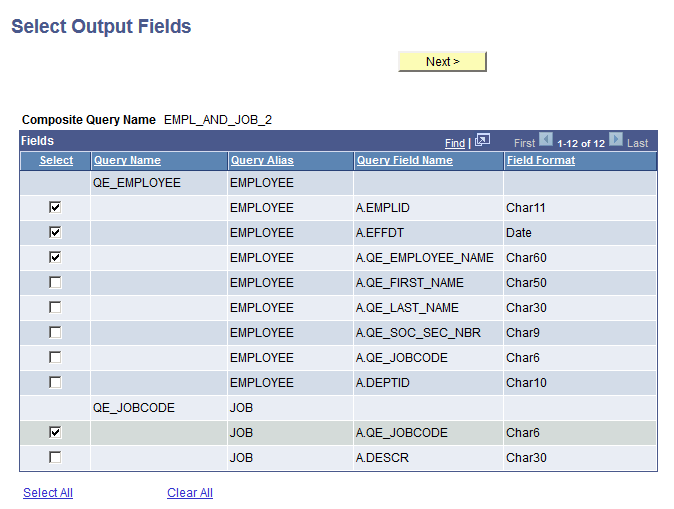 Specify Output Fields page