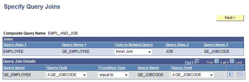 Specify Query Joins page listing the selected queries and the join details