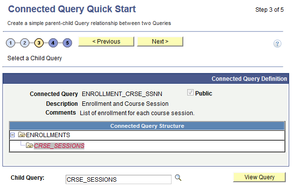Connected Query Quick Start - Select a Child Query page