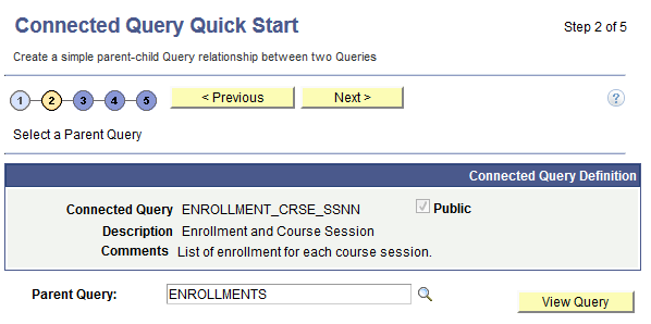 Connected Query Quick Start - Select a Parent Query page
