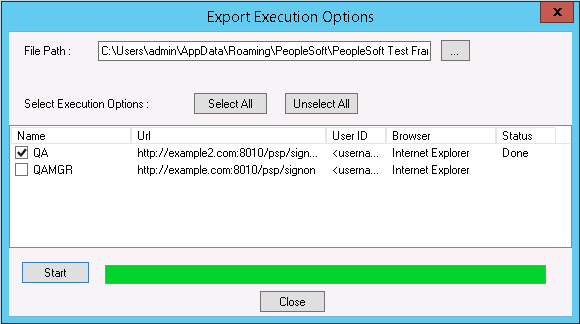 Export Execution Options dialog box