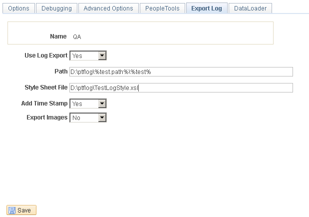 Define Execution Options-Export Log page