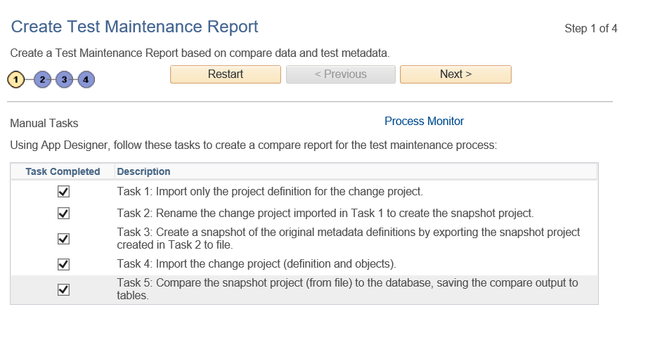 Create Test Maintenance Report Wizard: Step 1 of 4