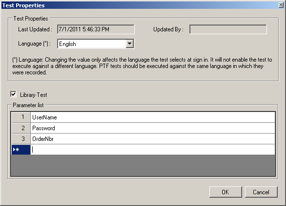 Test Properties dialog box with a parameter list