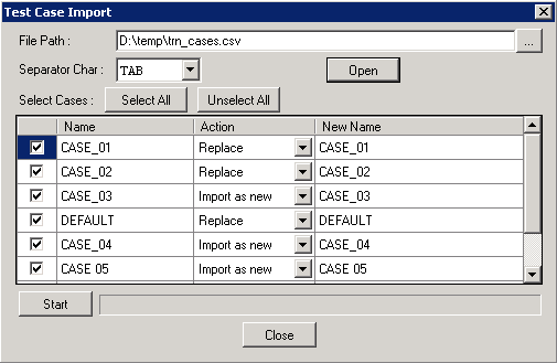 Test Case Import dialog box