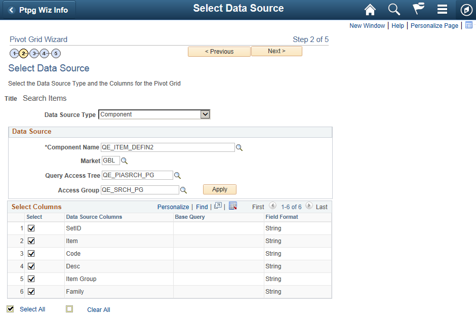 Select Data Source page - Component