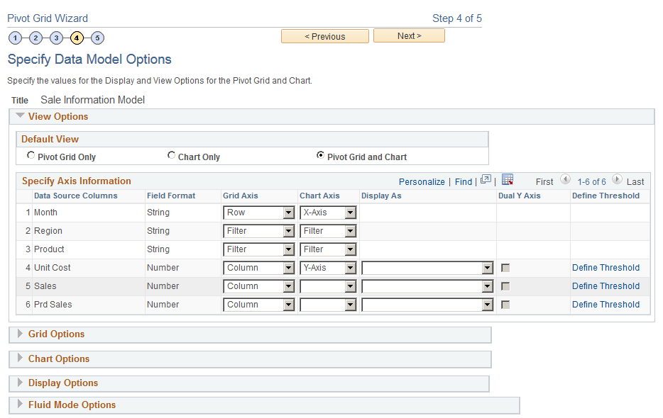 Specify Data Model Options page