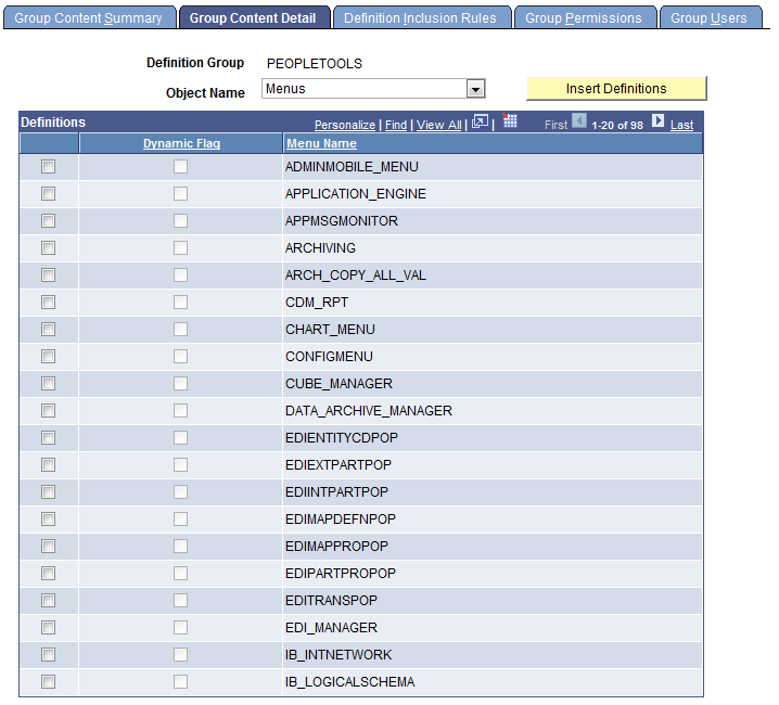 Group Content Detail page for an existing definition group