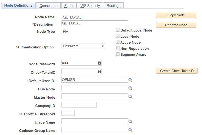 Nodes - Node Definitions page (Default local node)