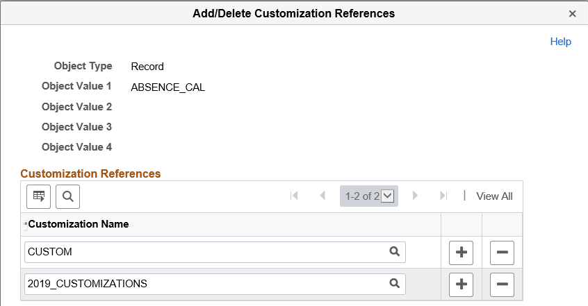 Add/Delete Customization References page