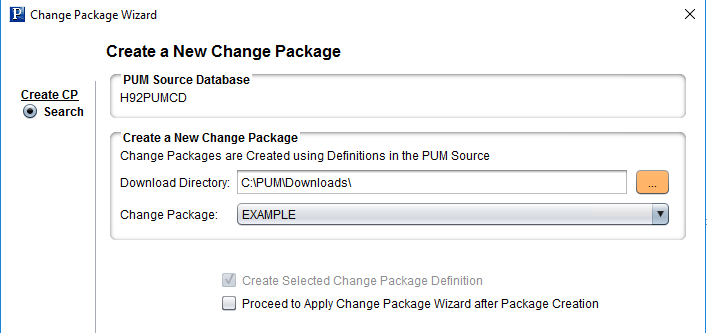 Create a New Change Package page
