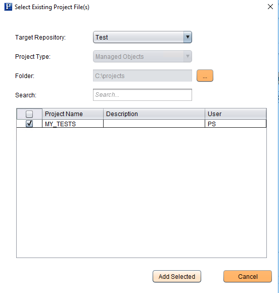 Select Existing Project File(s) page