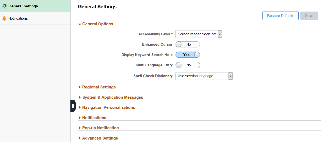 My Preferences - General Settings - General Options