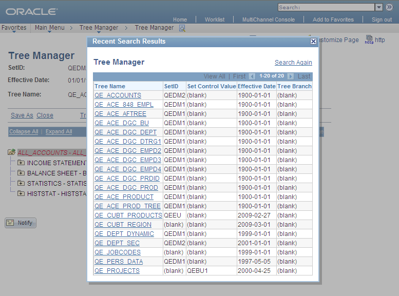 Example of Recent Search Results page as accessed from the navigation path for the Tree Manager component