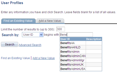 Example autocomplete drop-down list showing user profiles that begin with the letters "Bene"