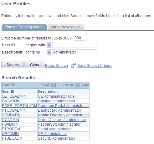 Advanced Search page showing a search where Description contains Administrator