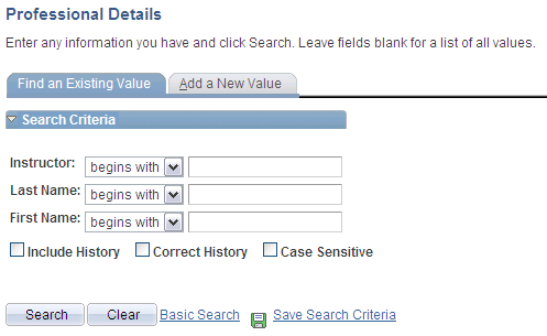 Search page showing the Include History and Correct History options