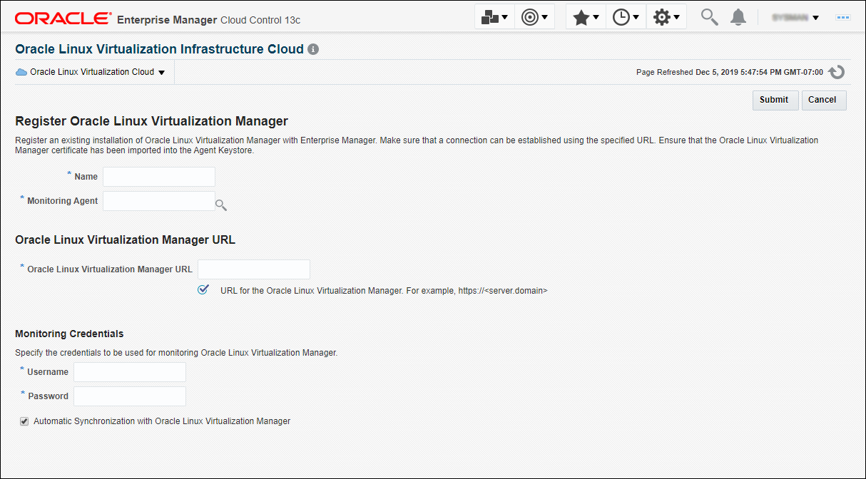 Oracle Linux Virtualization Managerの登録ページ