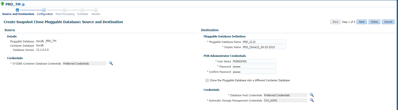 PDB Exadataスナップショット・クローン・ソースおよび宛先ページ