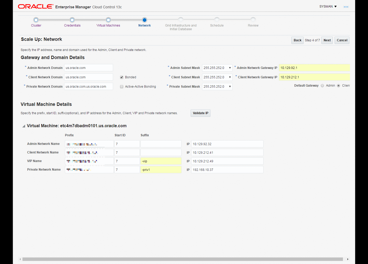 この図は、管理、クライアントおよびプライベート・ネットワークのIPアドレス、名前および資格証明を示しています。