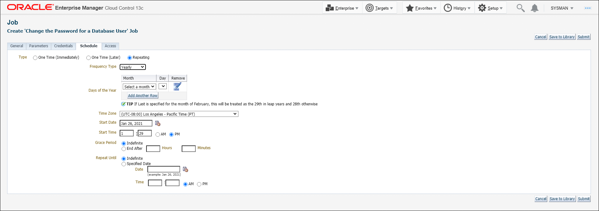 図は、dbsnmp以外のユーザーのジョブ・スケジュール・ページを示しています。