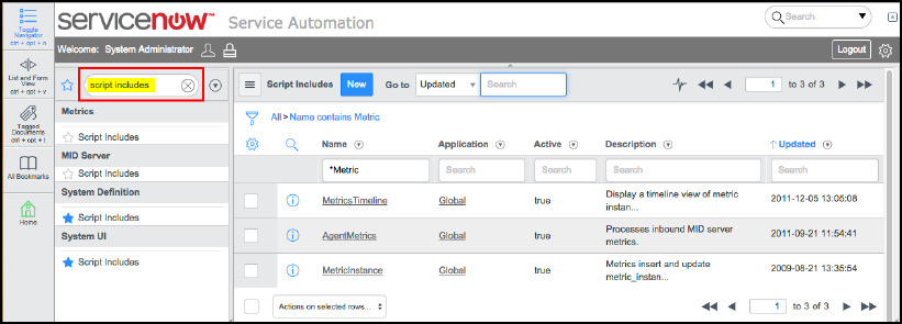 「script includes」フィルタが表示されたServiceNow画面のスクリーン・ショットの例。